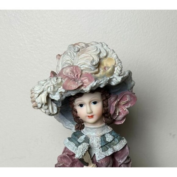 Vintage Victorian lady Porcelain Figurine With Floral Dress & Hat On Wooden Base - Picture 2 of 11